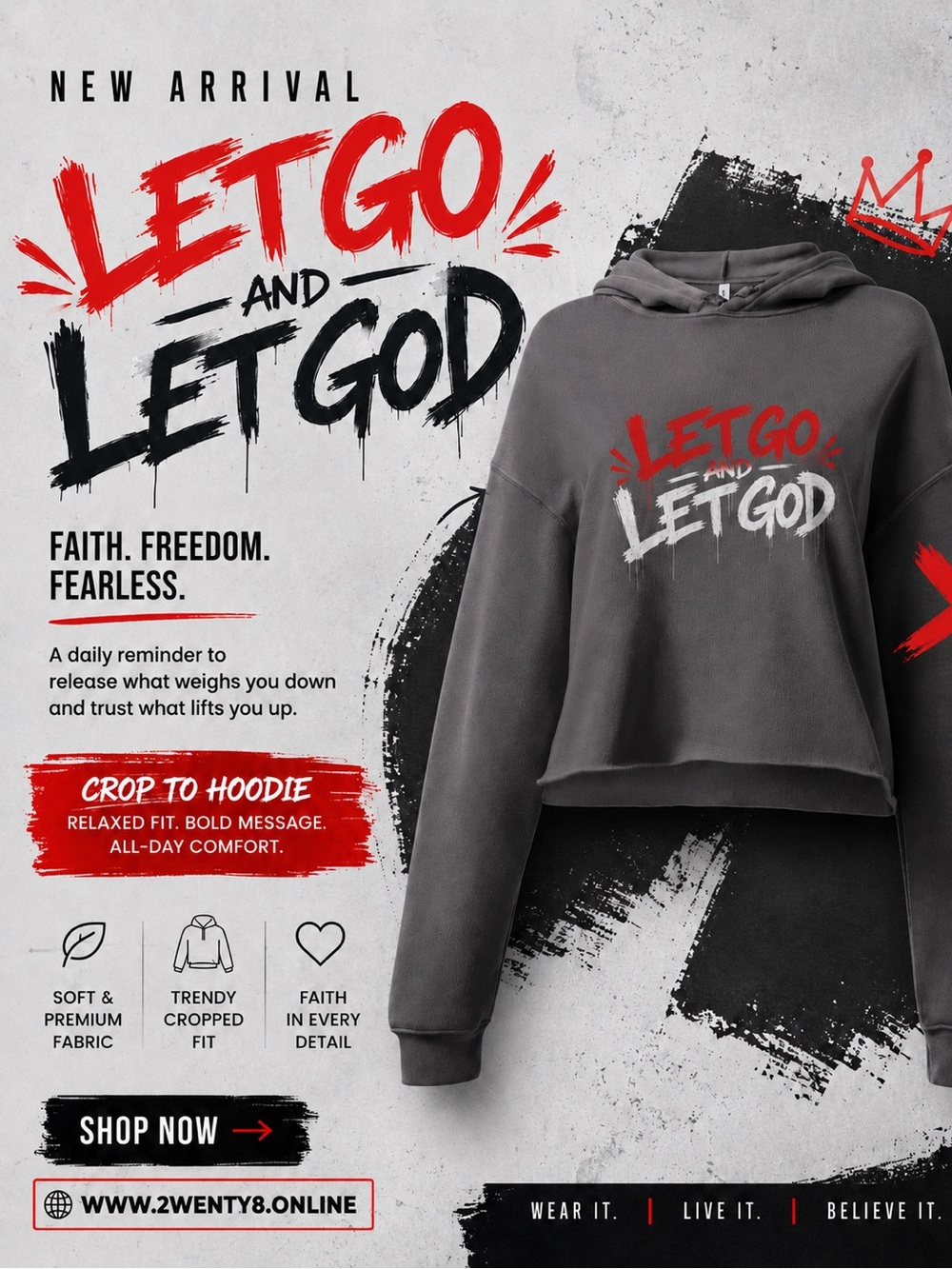 2wenty8 “Let Go and Let God” Cropped Hoodie with Embroidered Logo